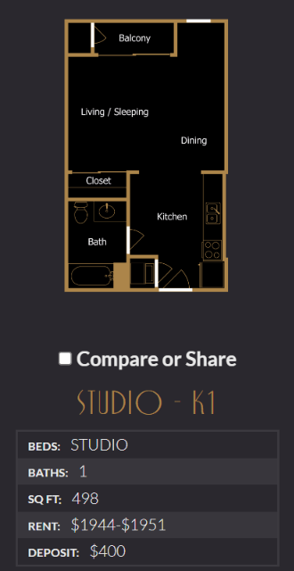 Floor plan for studio, 1 bath, 498 sqft